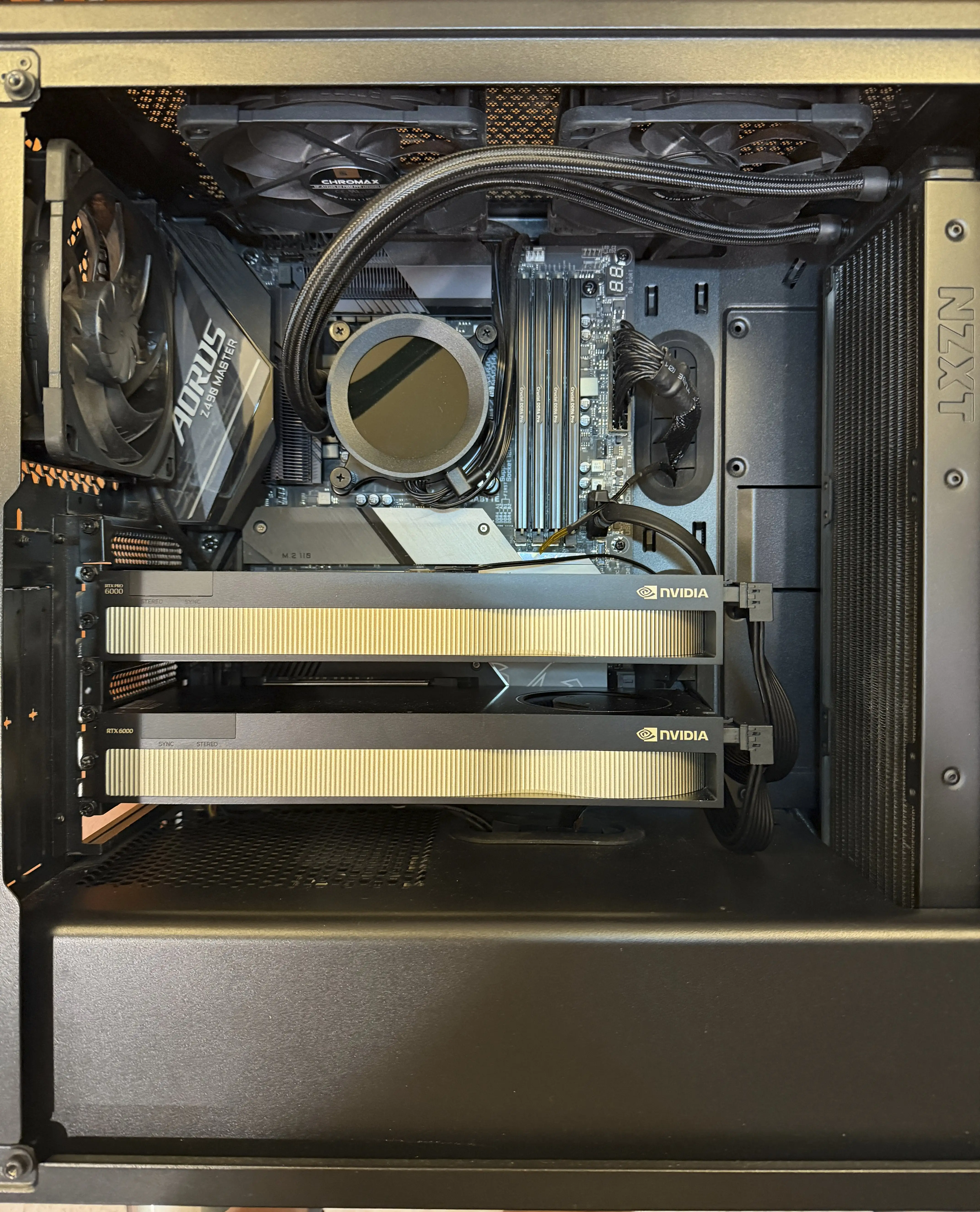 The inside of a dedicated AI workstation with two NVIDIA workstation GPUs.